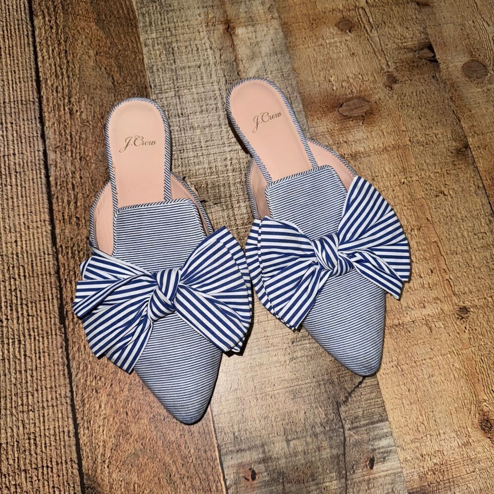 J.Crew Pointed Toe Mixed Stripe Bow Slides Blue White Mules Flats Fabric 7.5 - Picture 7 of 12